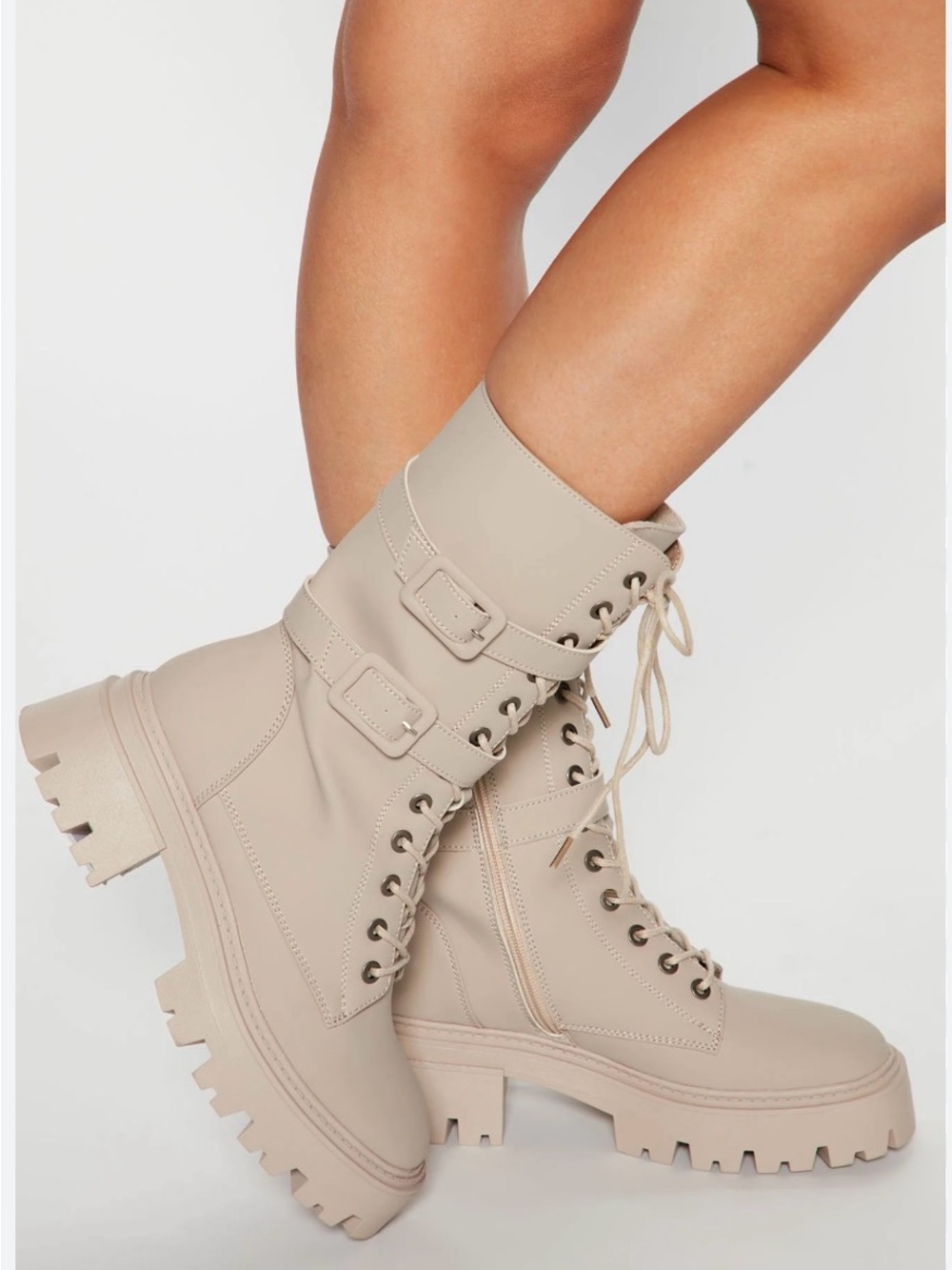 Fashion Nova Beige Lace-Up Combat Boots with Buckle Straps